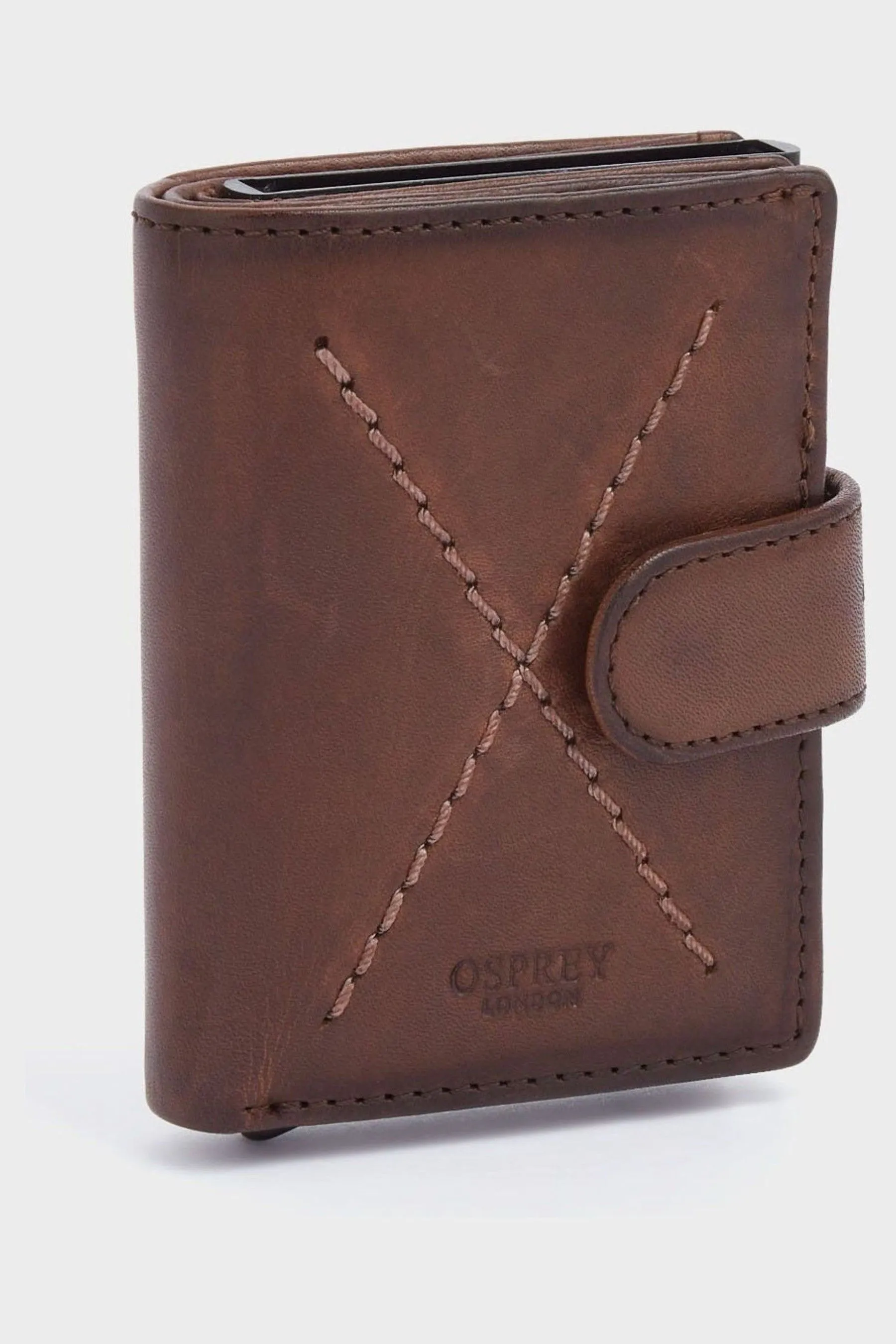 OSPREY LONDON - Marrone RFID ID in pelle e metallo con cuciture a X - Portacarte